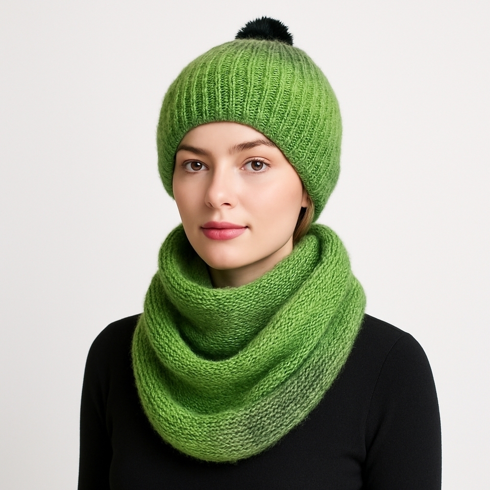 Handmade Pom Pom Hat Scarf Set  Green Ombré Knit Winter Gift Wool Blend Boho 2pc